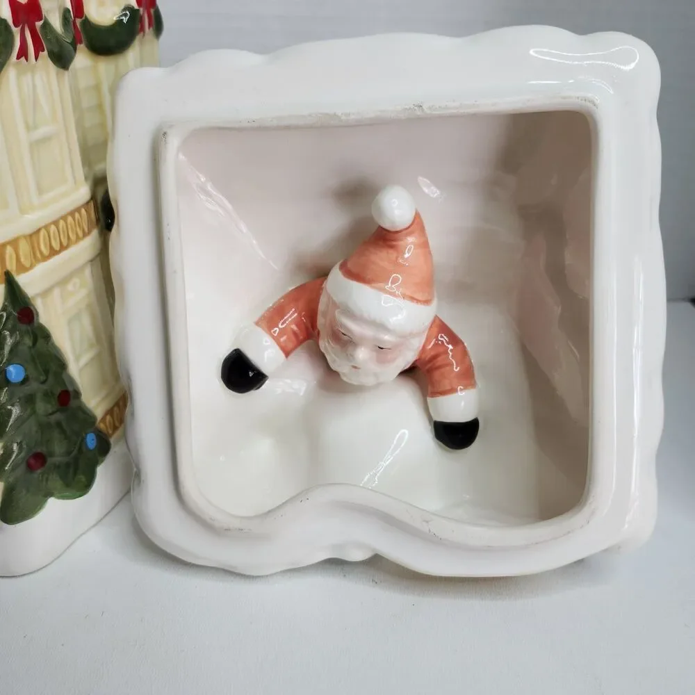 Vintage HOMCO Christmas Cookie Jar Victorian House Santa Stuck in Chimney 1990